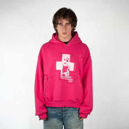 DESTROYED N' REPAIRED PINK HOODIE